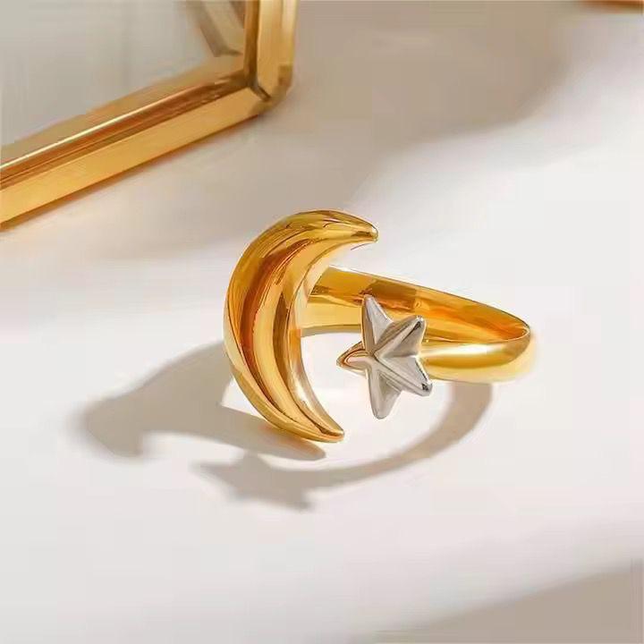 Celestial Dual-Tone Adjustable Ring - Gold Moon & Silver Star Design
