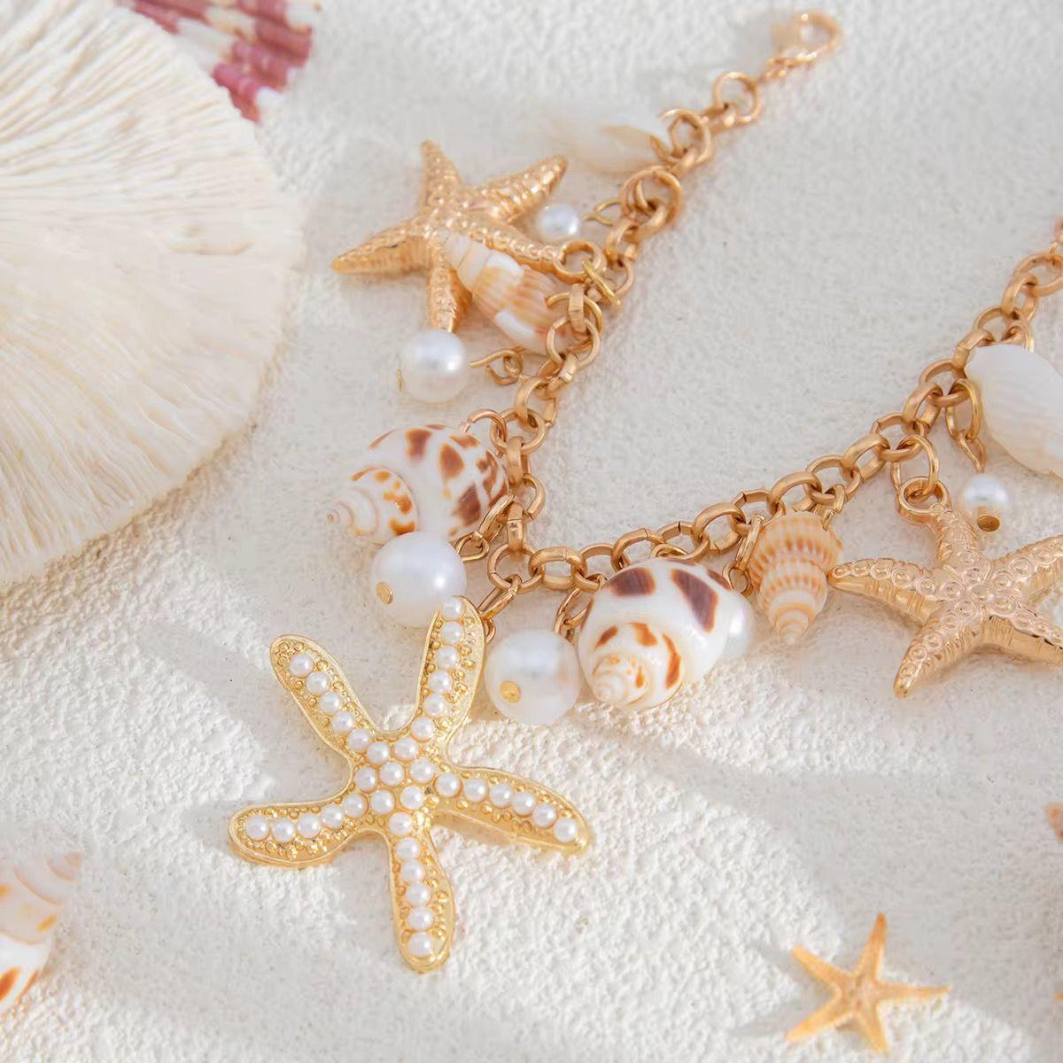 Starfish & Seashell Gold-Plated Charm Bracelet with Pearls