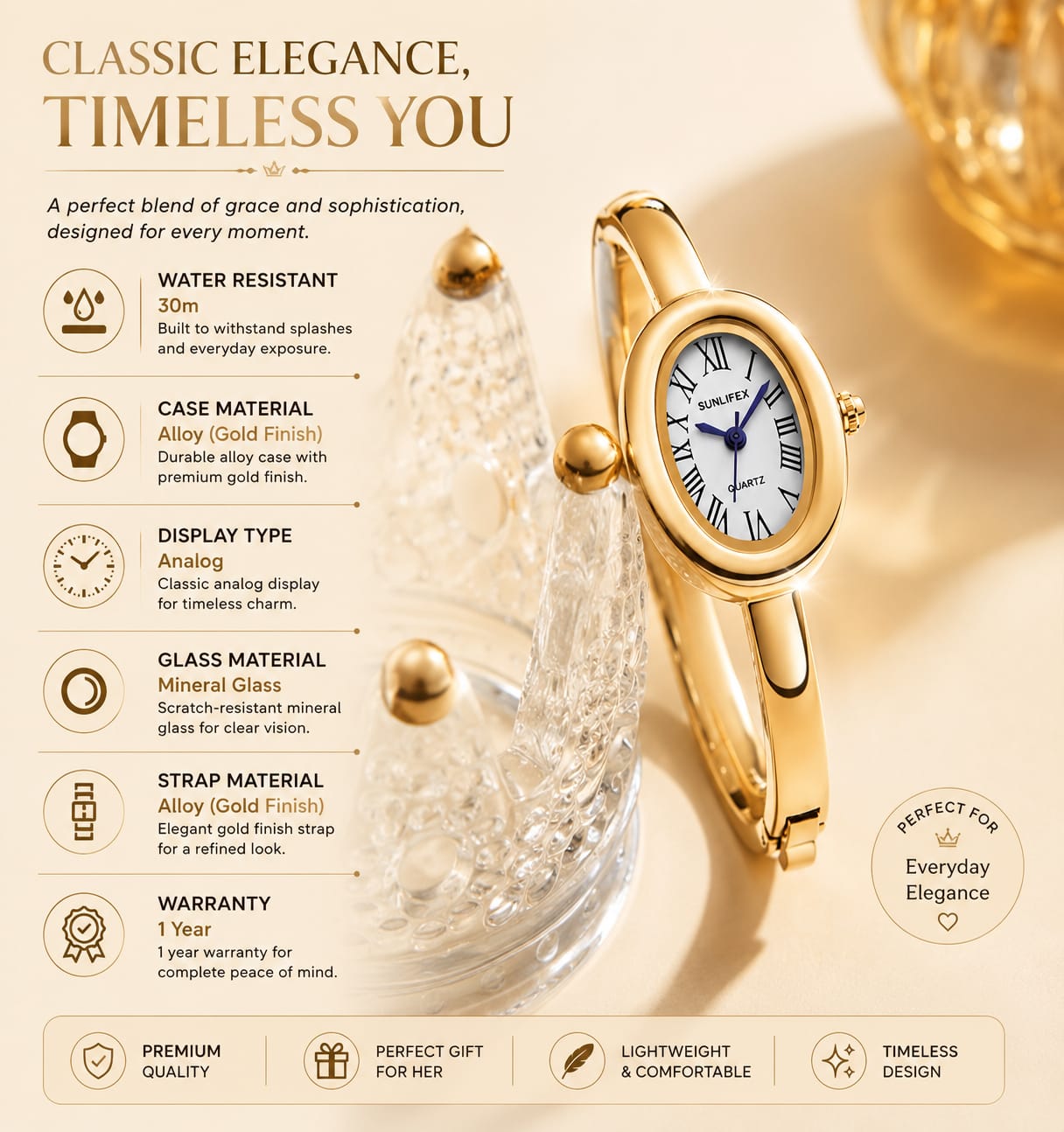 Elegant Gold-Tone Oval Dial Women's Bracelet Watch