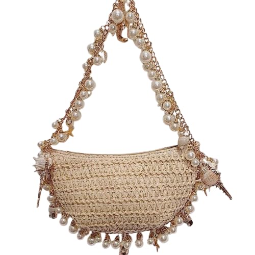 Pearl Charm Woven Shell Clutch Bag for Women