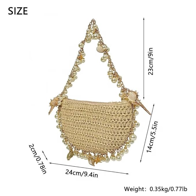 Pearl Charm Woven Shell Clutch Bag for Women