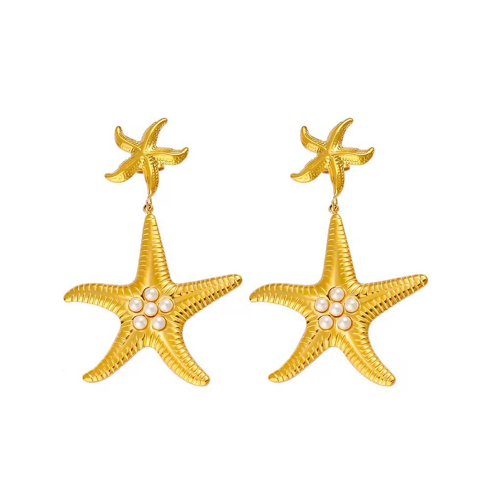 Gold starfish dangle Earrings with pearl detailing for women