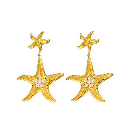 Gold starfish dangle Earrings with pearl detailing for women