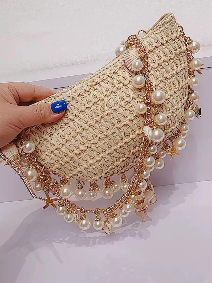 Pearl Charm Woven Shell Clutch Bag for Women