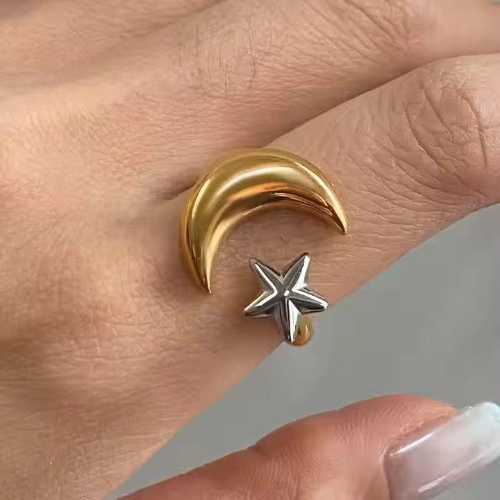 Celestial Dual-Tone Adjustable Ring - Gold Moon & Silver Star Design