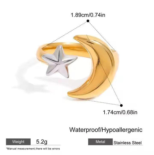 Celestial Dual-Tone Adjustable Ring - Gold Moon & Silver Star Design