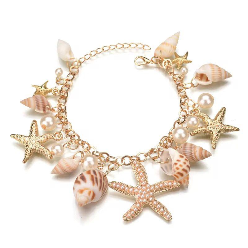Starfish & Seashell Gold-Plated Charm Bracelet with Pearls