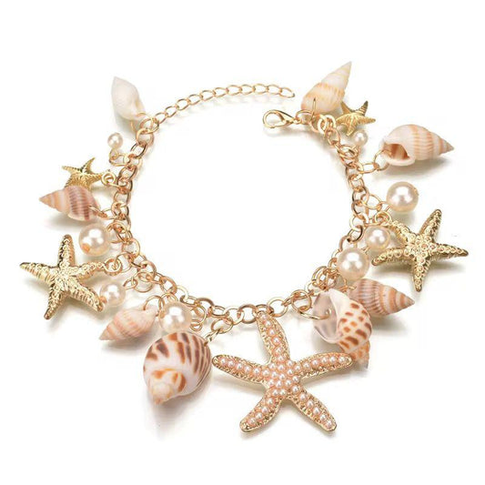 Starfish & Seashell Gold-Plated Charm Bracelet with Pearls