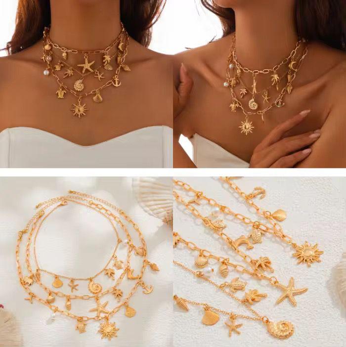 Multi-Layered Gold-Plated Nautical Charm Necklace