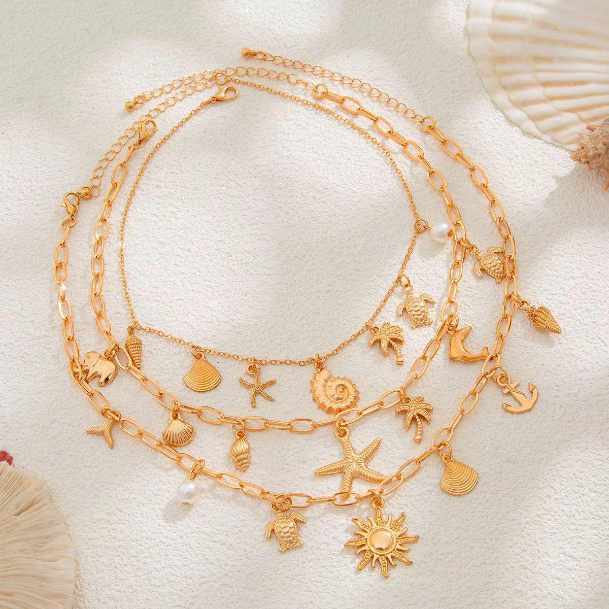 Multi-Layered Gold-Plated Nautical Charm Necklace